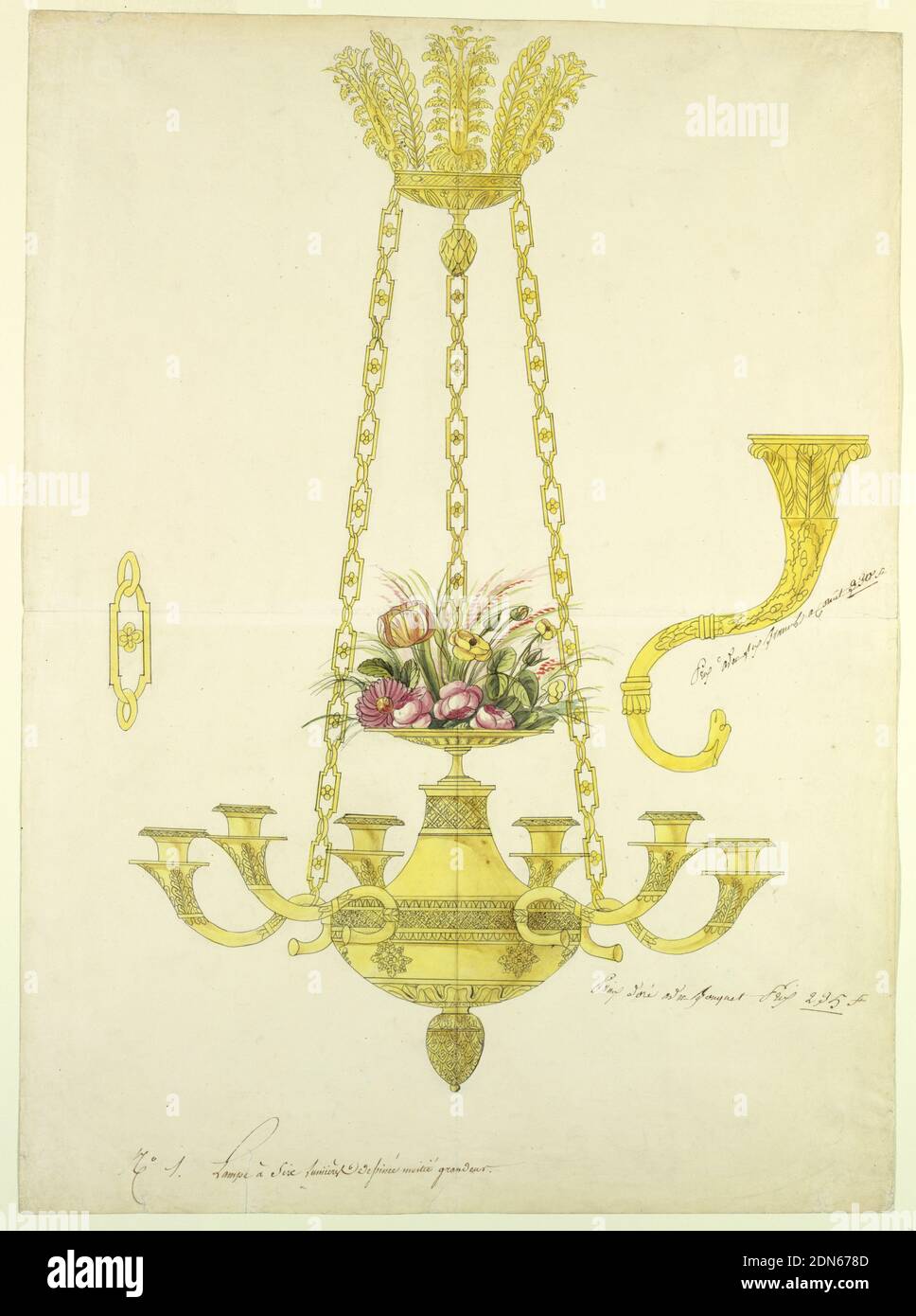 Candelabro, pluma y tinta negra, acuarela, grafito Soporte: Papel blanco grueso de la paloma; doblez vieja(?) En el centro, Bélgica, Europa, 1810–25, iluminación, dibujo Foto de stock