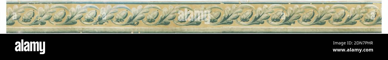 Borde, estampado en bloque, borde estrecho, fondo de color crema con hojas de roble alternadas y bellota., Inglaterra, ca. 1860, revestimientos de pared, borde Foto de stock