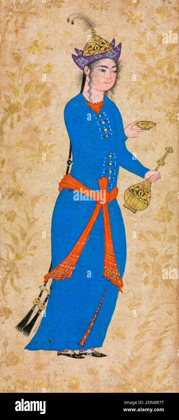 Princesa con botella de vino y copa, alrededor de 1550-1600, Arte Islámico Foto de stock