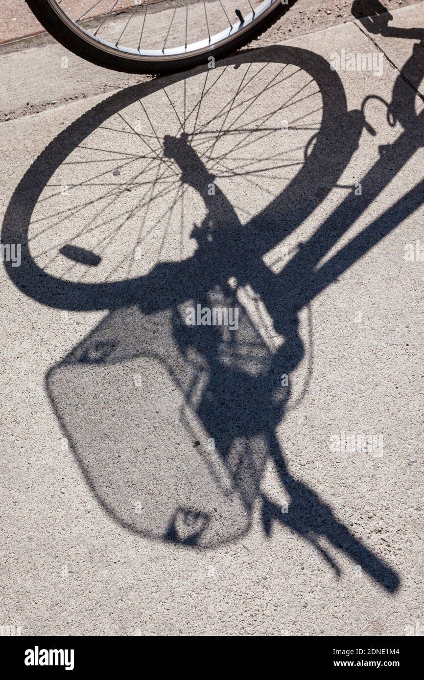 Sombra de una bicicleta con un portador en una acera de hormigón. Foto de stock