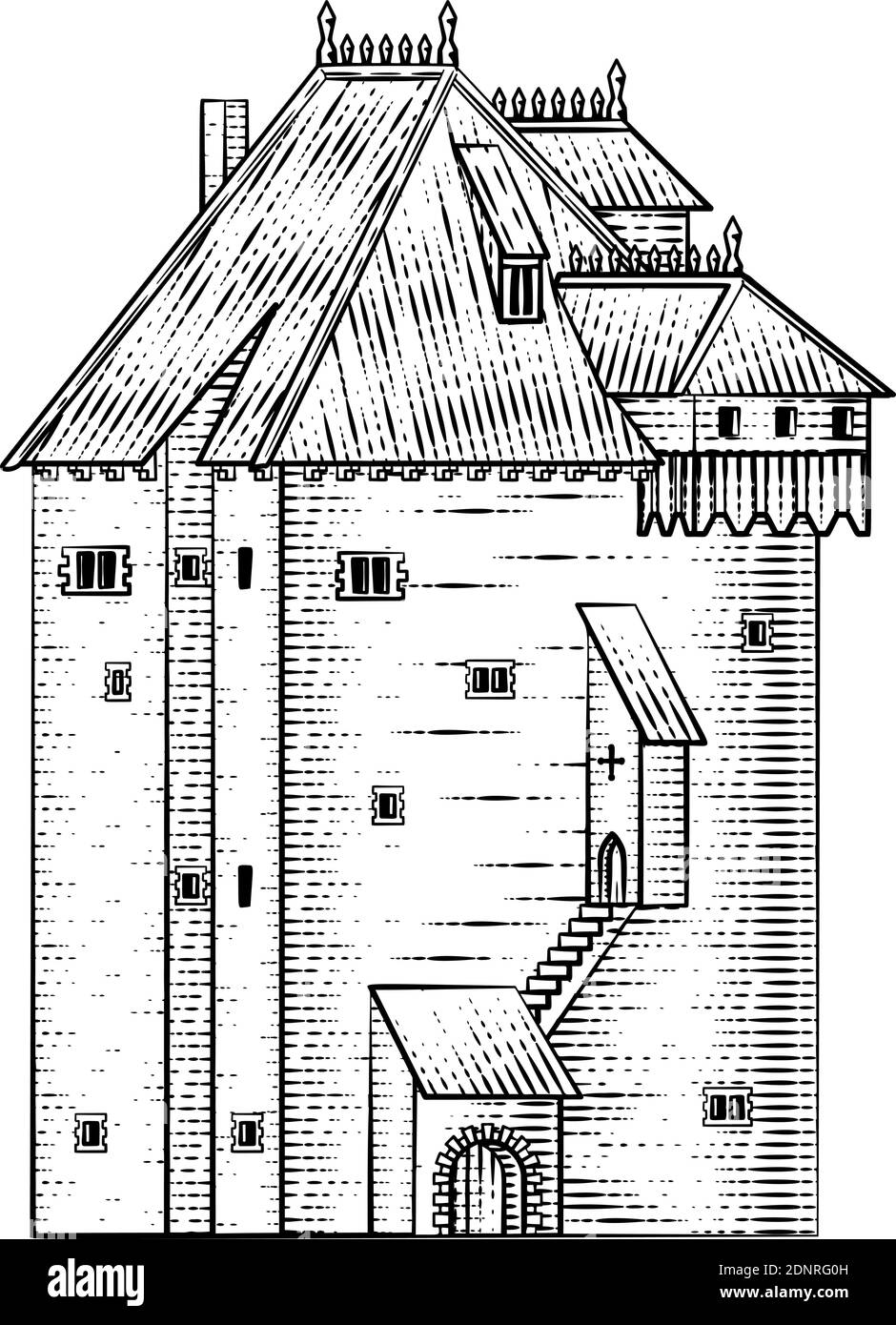 Antiguo edificio medieval del Castillo estilo Woodcut Vintage Ilustración del Vector
