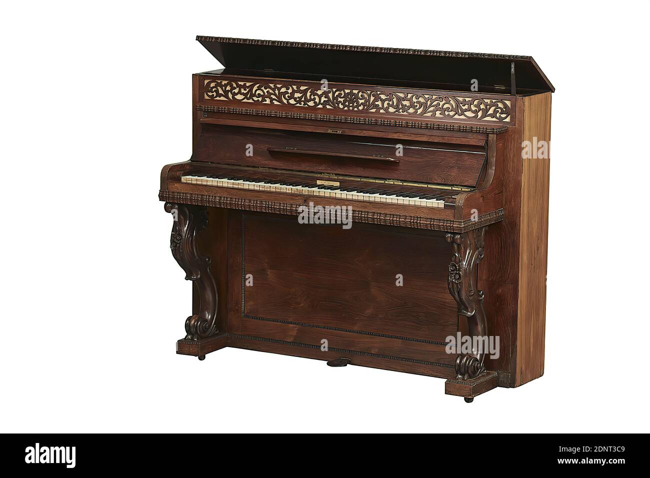 Christian Heinrich Schröder, Pianino, Caoba, Picea, ébano, Madera, total:  Longitud: 1445 mm; ancho: 1125 mm; altura: 252 mm, Inscripción: Etiqueta  sobre el teclado: C.H. Schröder, Hamburgo; en el marco, en el piano