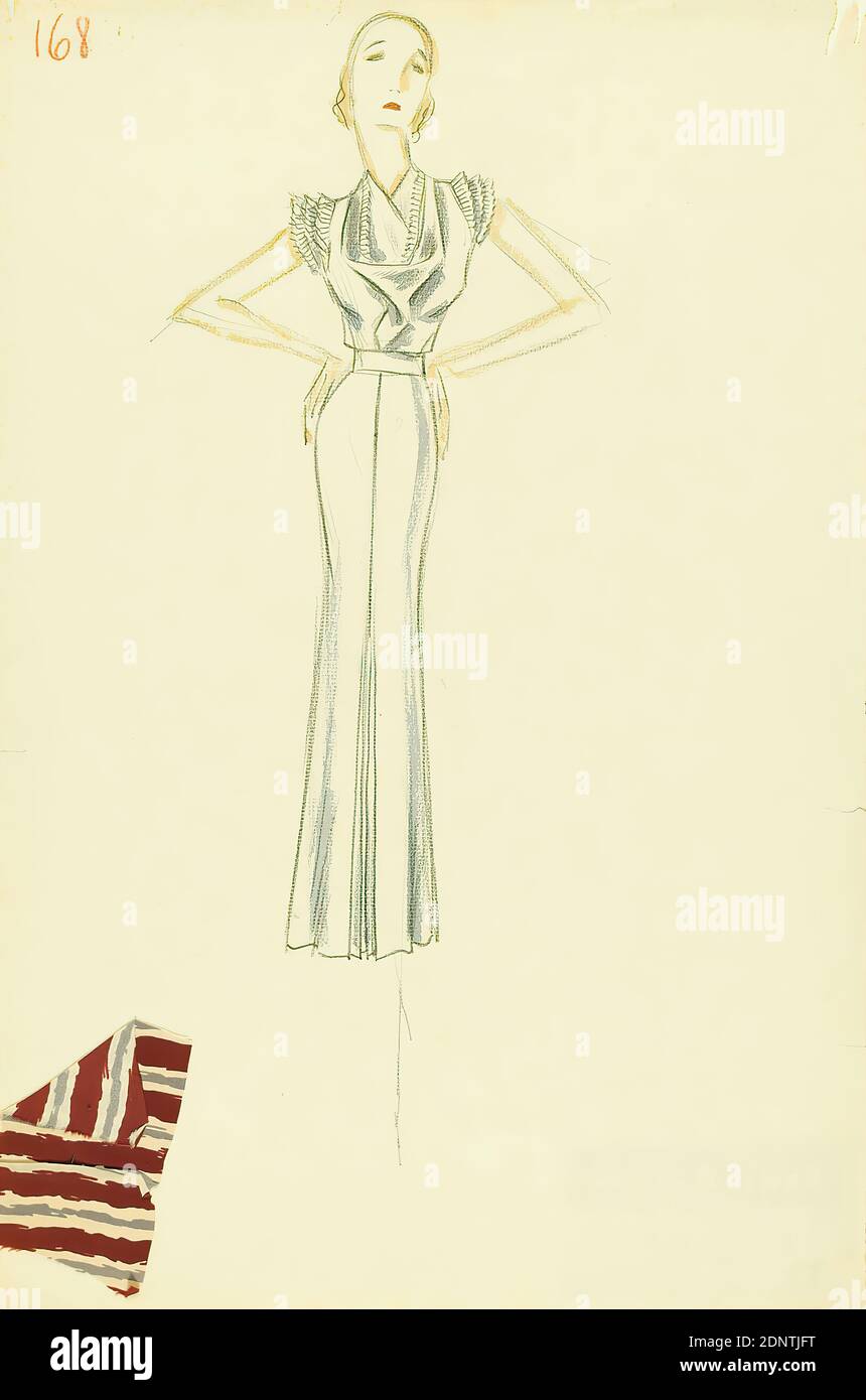Ernst Dryden, Diseño para un vestido de mujer con muestra de tela adjunta,  papel, acuarela no opaca, lápiz, acuarela, dibujo, acuarela sobre lápiz,  total: Altura: 48,4 cm; ancho: 31,8 cm, numerado: Recto
