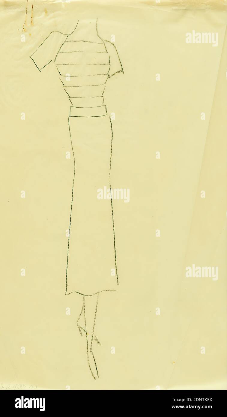 Ernst Dryden, diseño de vestido de mujer, glassine, lápiz, dibujo, dibujo  de lápiz, total: Altura: 35,1 cm; ancho: 21,6 cm, diseño de moda y textil,  dibujo, gráficos, dibujos de diseño, bocetos, moda,