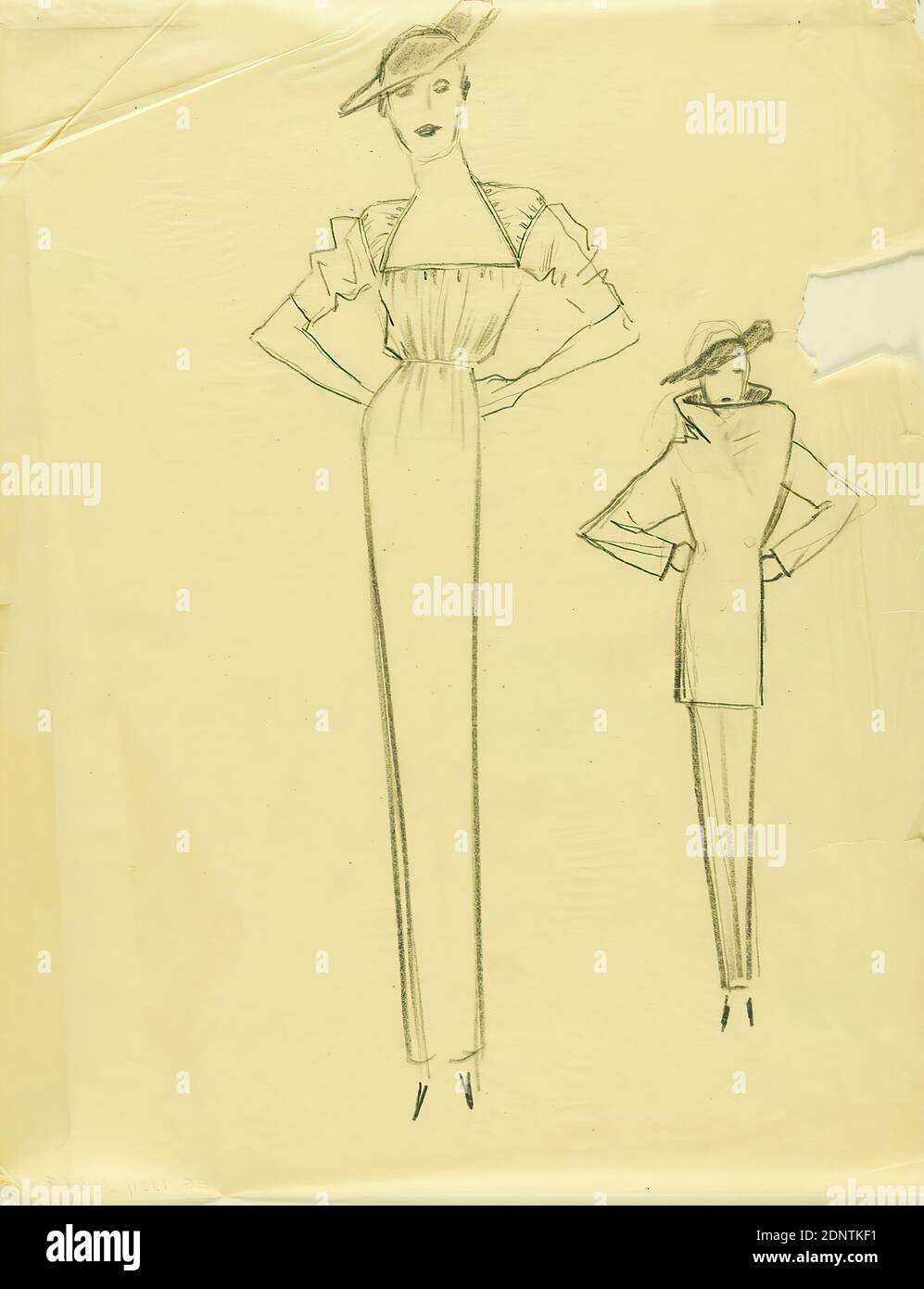 Ernst Dryden, dos diseños para la femenina, glassine, lápiz, dibujo, dibujo a lápiz, total: Altura: 35,8 cm; ancho: 28 cm, diseño moda y textil, dibujo, gráficos, dibujos de moda,