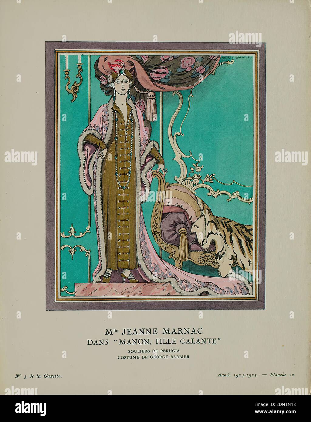 George Barbier, Mlle Jeanne Marnac dans 'Manon, fille galante' (Ilustración  de la Gaceta du Bon Ton, no 3, 1924-25), papel, grabado en línea, pocoro y  grabado en línea, total: Altura: 24,5 cm;