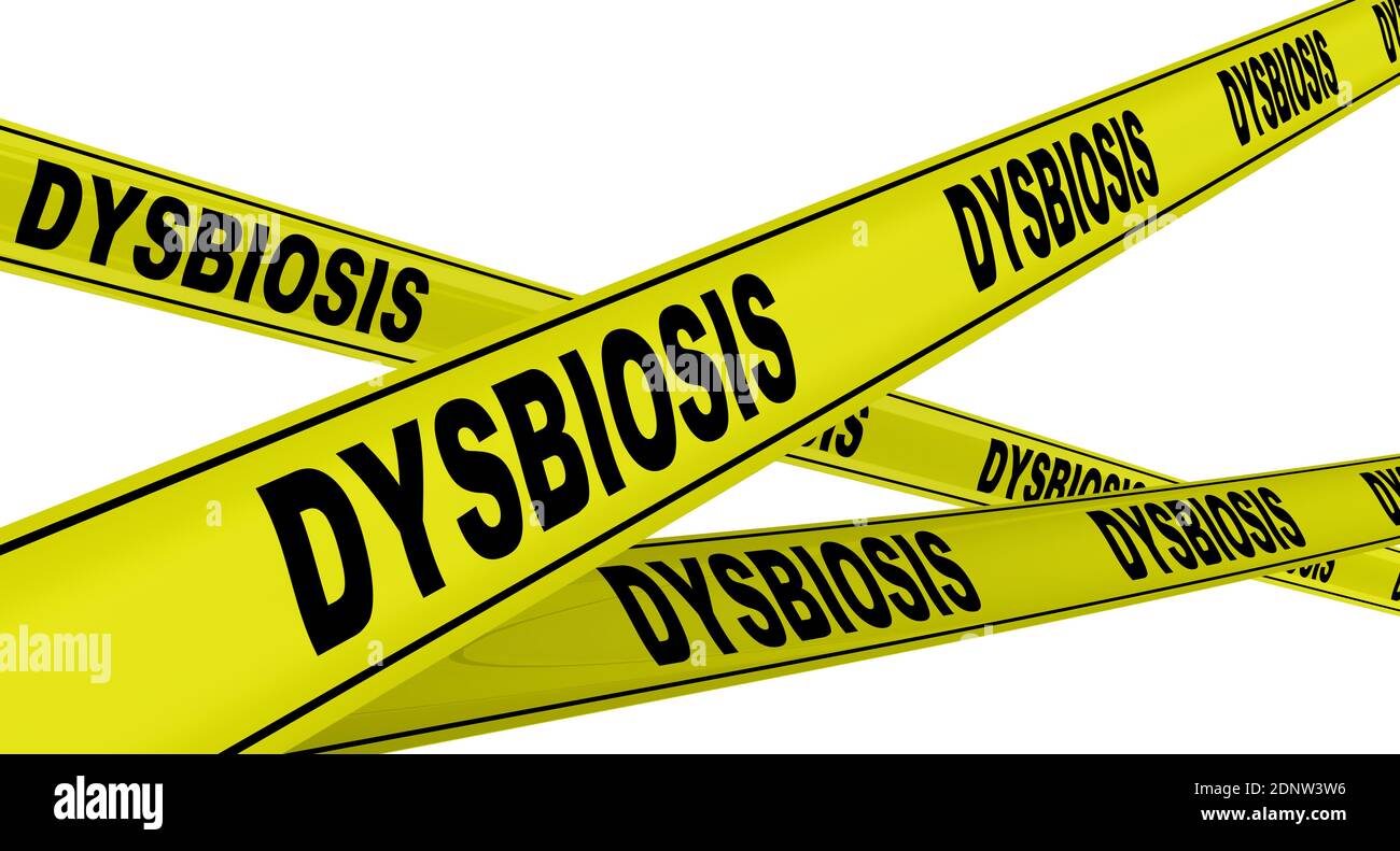 Disbiosis. Cintas de advertencia amarillas con palabras negras DISBIOSIS (es un término para un desequilibrio microbiano en o dentro del cuerpo). Aislado Foto de stock