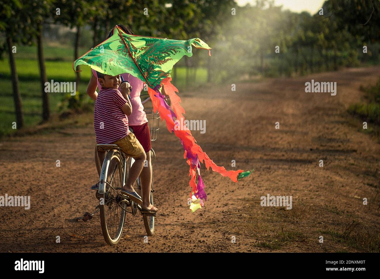 Vista trasera de amigos montando en bicicleta mientras volaba cometa en  tierra Fotografía de stock - Alamy