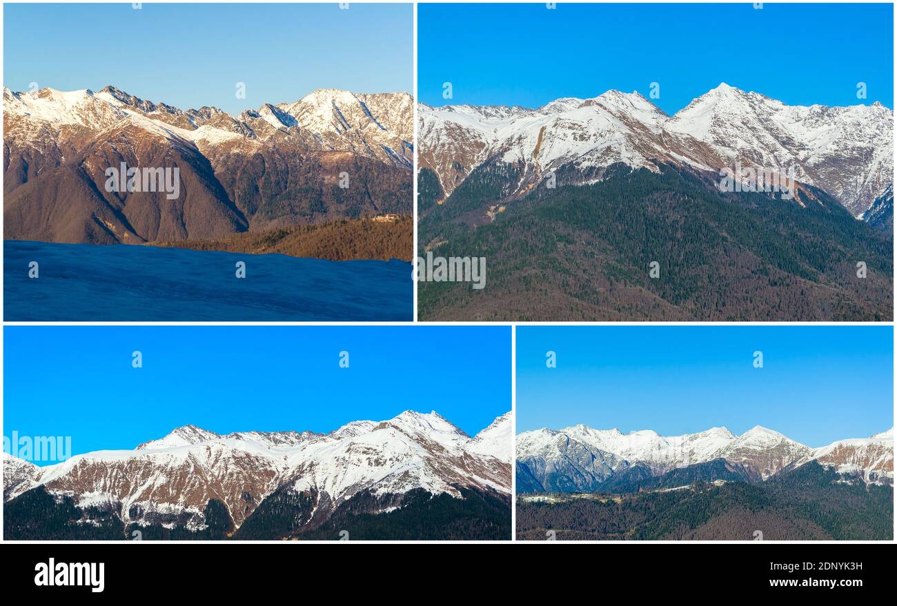 Collage de las montañas del Cáucaso, Krasnaya Polyana, Rosa Hutor Sochi Rusia Foto de stock