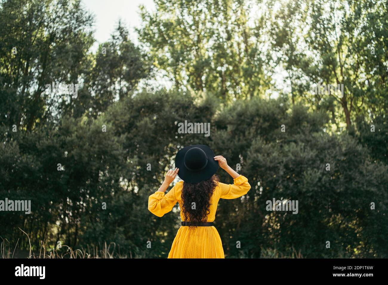 Vista trasera de una joven mujer vistiendo un sombrero negro vestido amarillo y disfrutar de la naturaleza Foto de stock