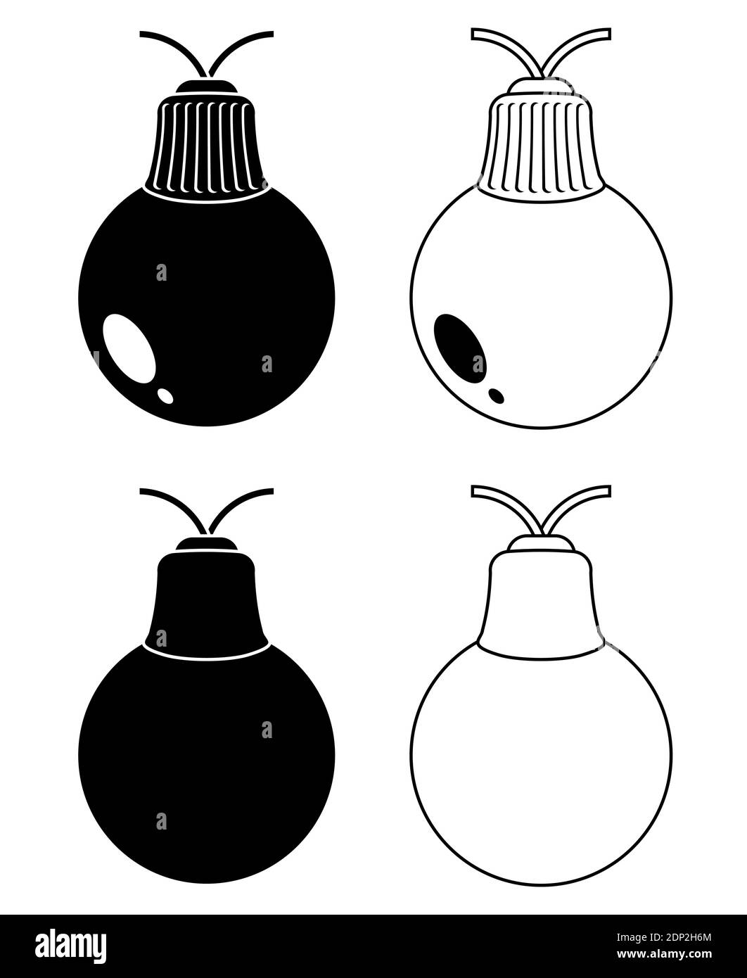 Navidad luces bulbos silueta y contorno conjunto. Formas de símbolos de día feriado vector aisladas sobre fondo blanco. Colección de iconos de contorno y negro para Ilustración del Vector