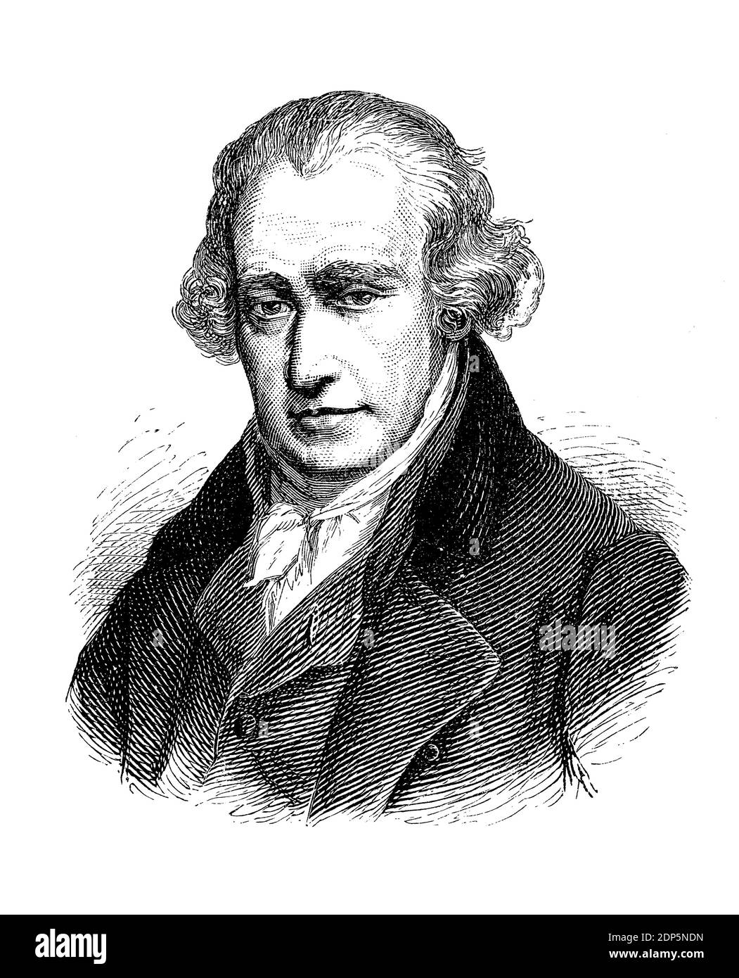 Grabado retrato de James Watt (1736–1819) inventor escocés, ingeniero mecánico y químico, famoso por su motor de vapor de potencia y eficiencia mejoradas Foto de stock