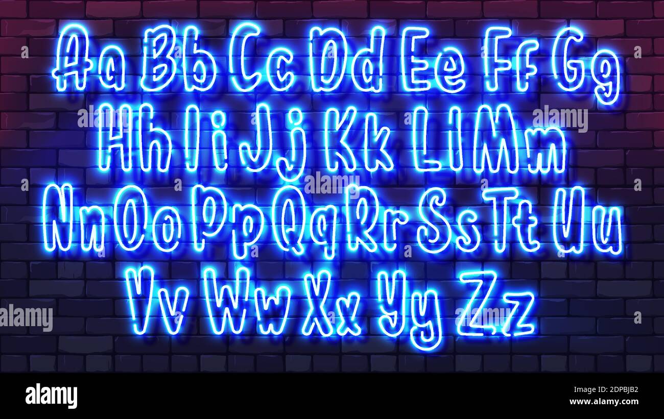 Fuente de mano futurista neón. Luminoso tubo alfabeto letras mayúsculas minúsculas en un fondo de pared de ladrillo oscuro. Fuente de color brillante para la noche Ilustración del Vector
