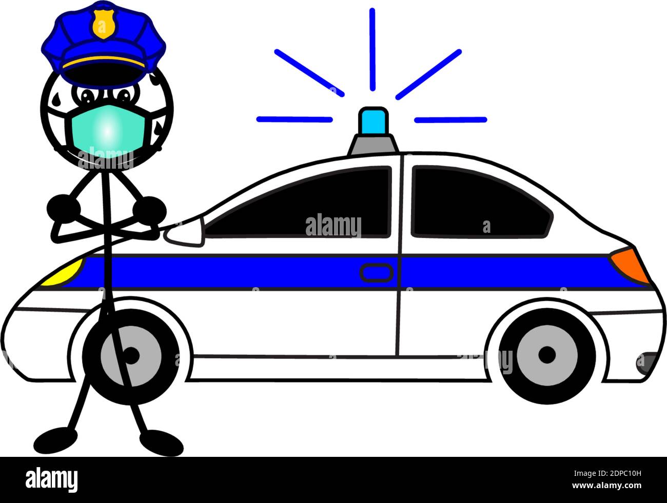 Policía, coche de policía, en Corona Time o pandemia covid 19 con una tapa para la boca Ilustración del Vector