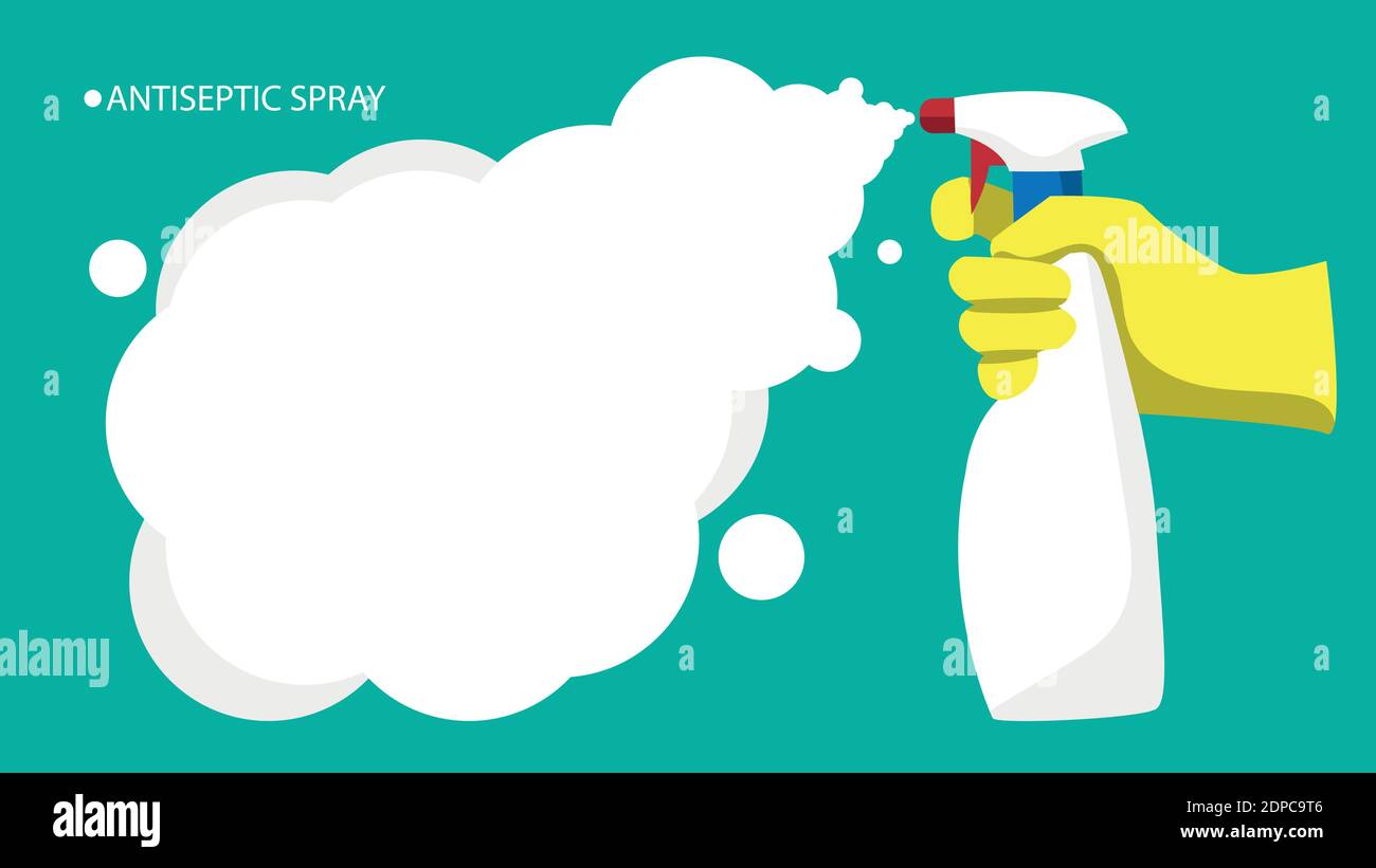 Mano en guantes sostiene botella de aerosol antiséptico. Higiene personal, higiene en el hogar y en la oficina. Ilustración vectorial. Ilustración del Vector