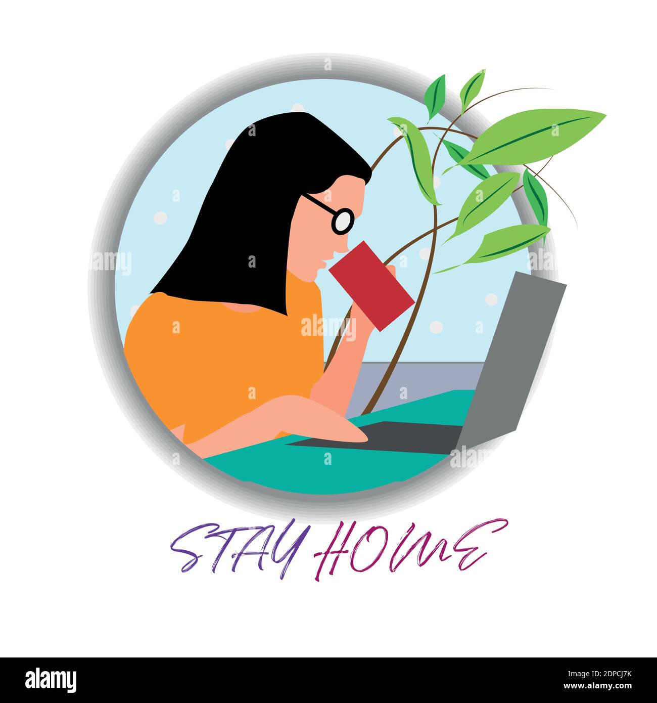 Quédese en casa, trabaje en casa, educación en línea. Una mujer trabajando en el ordenador portátil Ilustración del Vector