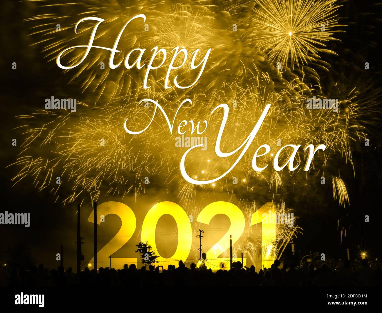 Feliz año nuevo 2021 tarjeta en un fondo de fuegos artificiales de oro Foto de stock