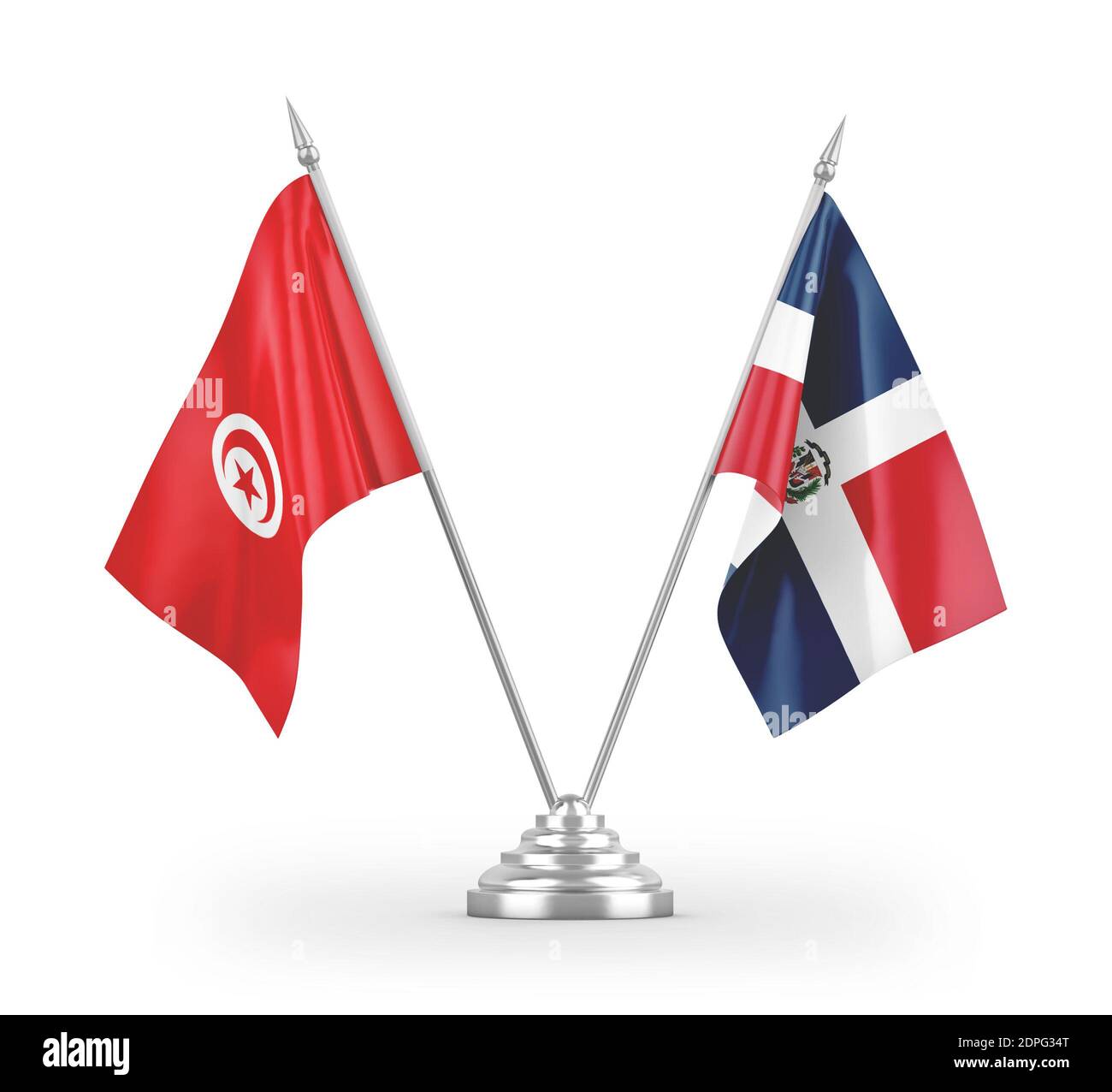 República Dominicana y Túnez banderas de mesa aisladas sobre blanco 3D renderizar Foto de stock