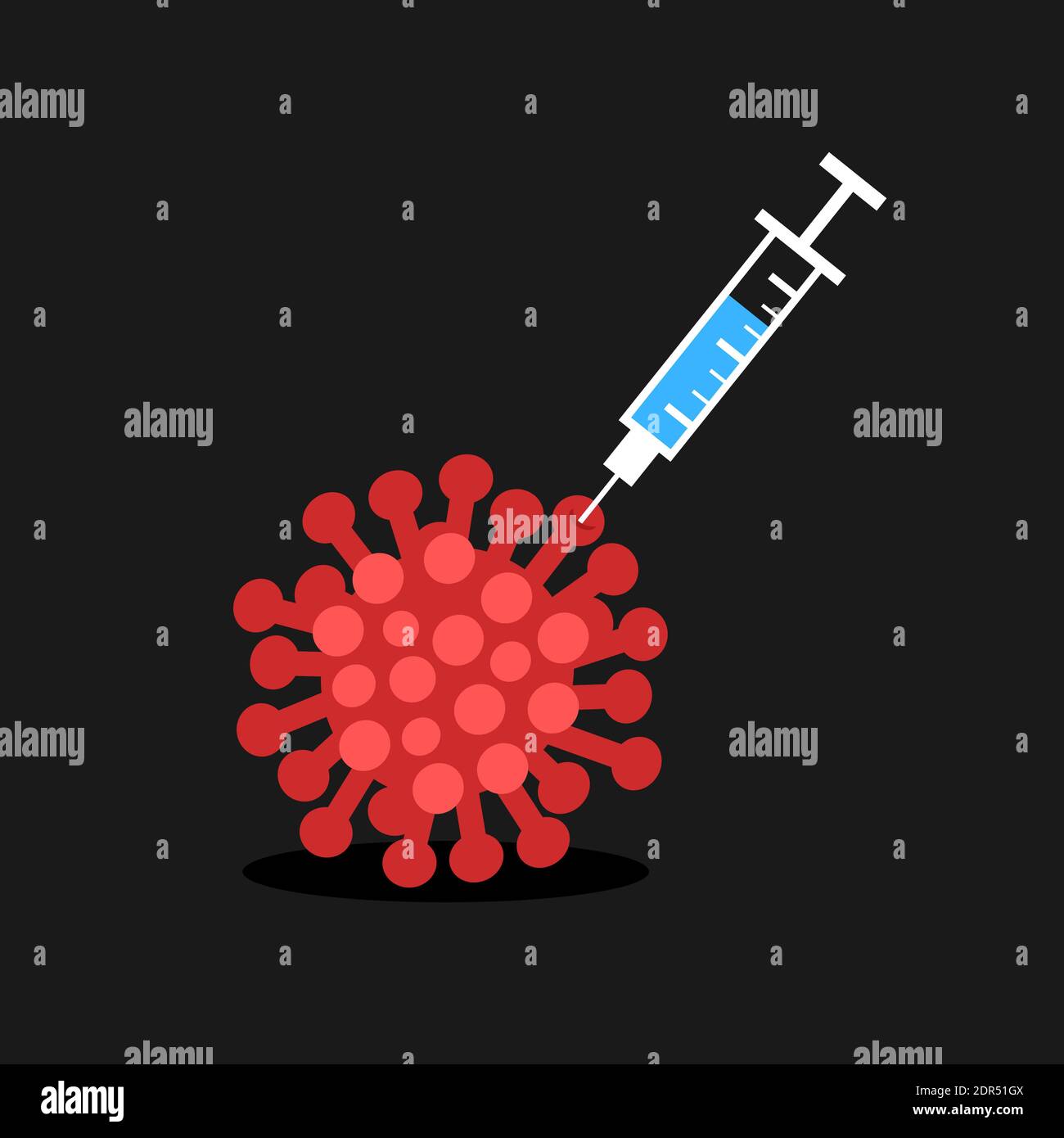 Virus, vacunación y vacuna. La inyección con la sustancia se introduce en virión infeccioso y contagioso. Ilustración vectorial aislada en negro. Foto de stock
