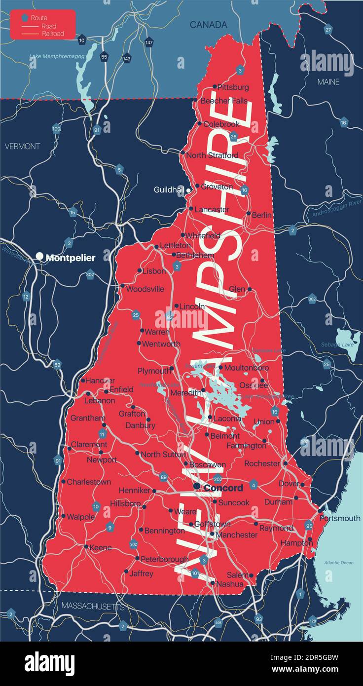 Mapa detallado editable del estado de New Hampshire con ciudades y pueblos, sitios geográficos, carreteras, ferrocarriles, carreteras interestatales y autopistas de EE.UU. Archivo vectorial EPS-10, Ilustración del Vector