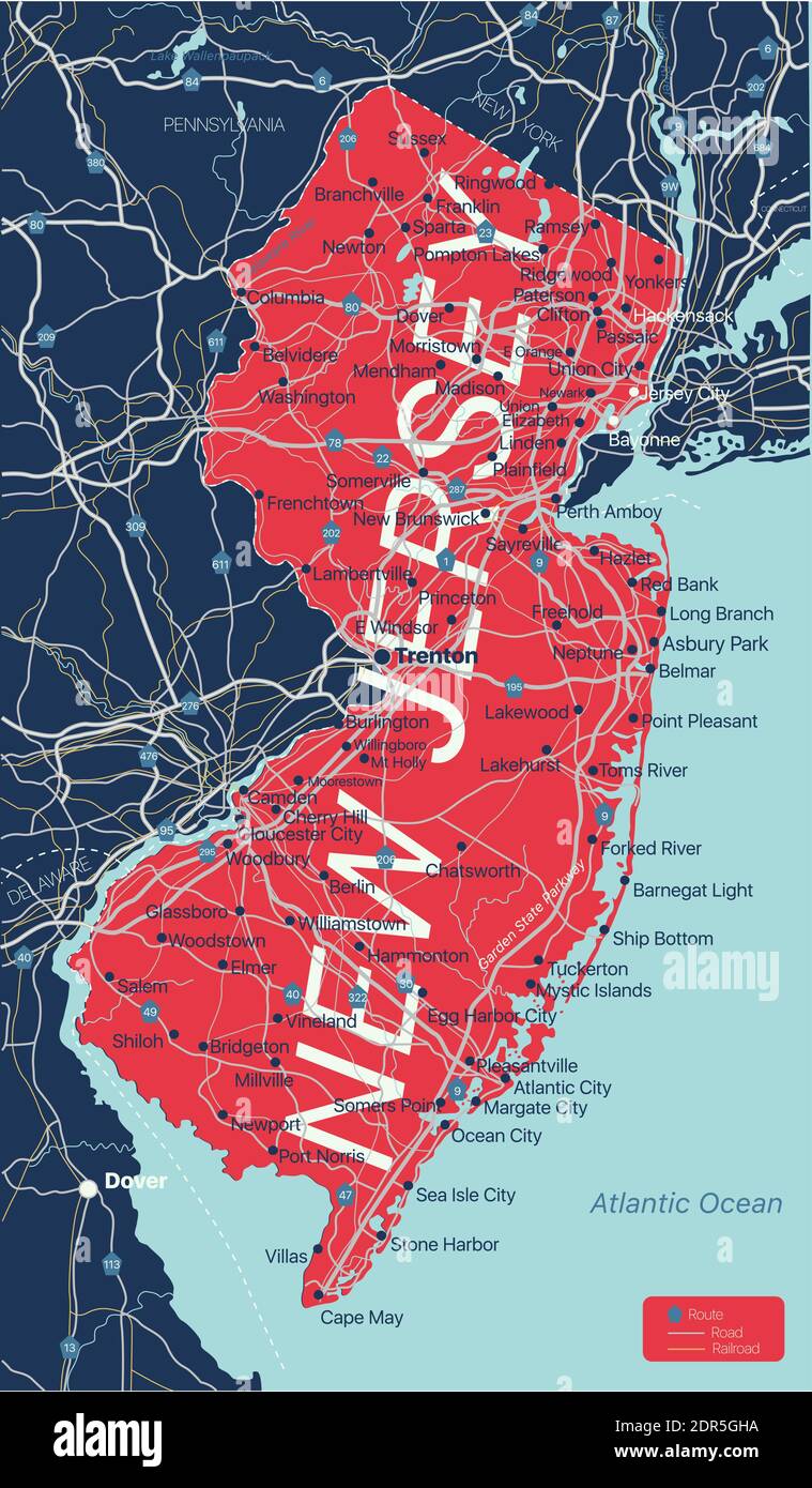 Mapa detallado editable del estado de Nueva Jersey con ciudades y pueblos,  sitios geográficos, carreteras, ferrocarriles, carreteras interestatales y  autopistas de EE.UU. Archivo vectorial EPS-10, tr Imagen Vector de stock -  Alamy