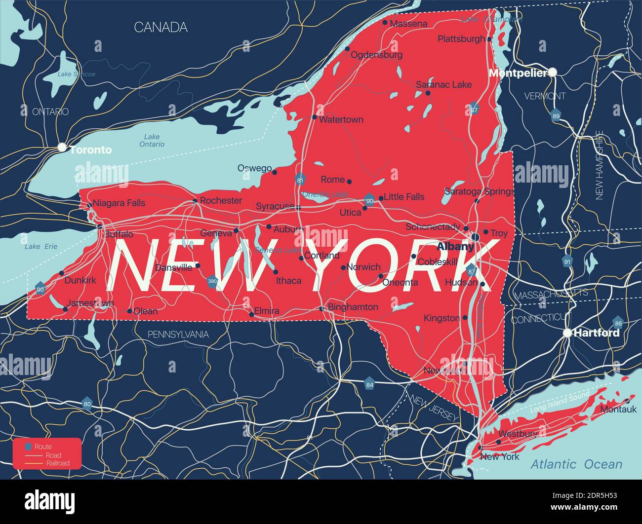 Mapa detallado editable del estado de Nueva York con ciudades y pueblos, sitios geográficos, carreteras, ferrocarriles, carreteras interestatales y autopistas de EE.UU. Archivo vectorial EPS-10, tren Ilustración del Vector