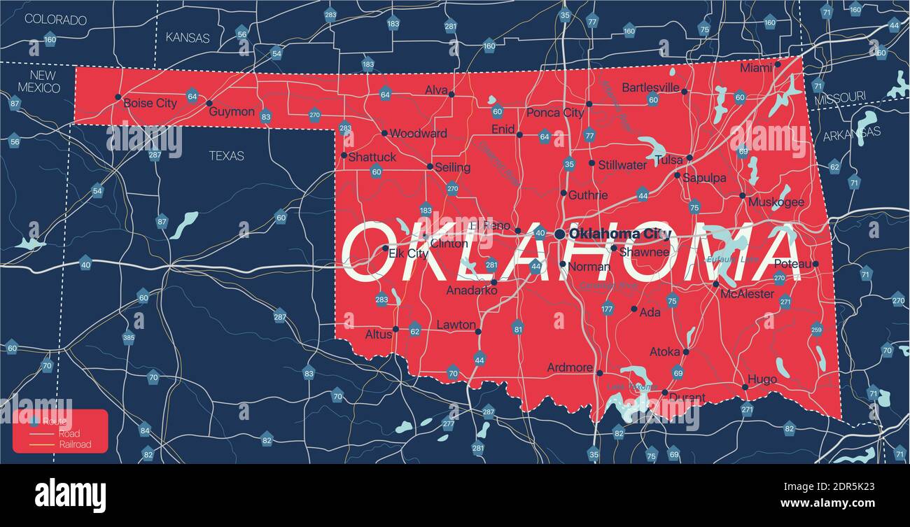 Mapa detallado editable del estado de Oklahoma con ciudades y pueblos Mapa detallado editable del estado de Oklahoma con ciudades y pueblos