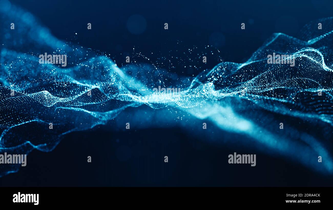Abstract Blue Color Partículas digitales Onda con Bokeh y fondo claro Foto de stock