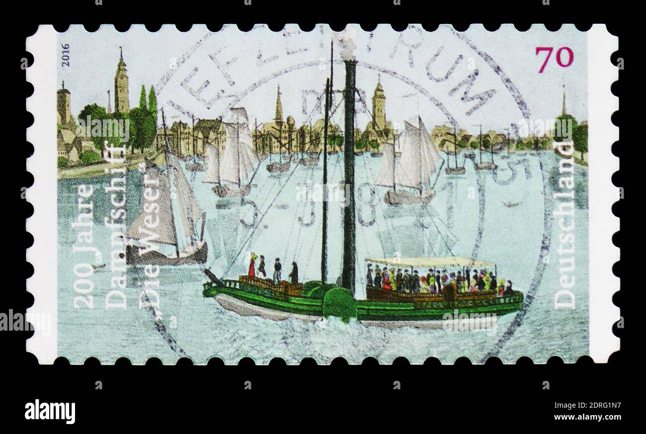 MOSCÚ, RUSIA - 10 DE FEBRERO de 2019: Un sello impreso en Alemania, República Federal, dedicado a 200 años de barco de vapor 'Weser', Bicentenario de 'de Weser' ( Foto de stock