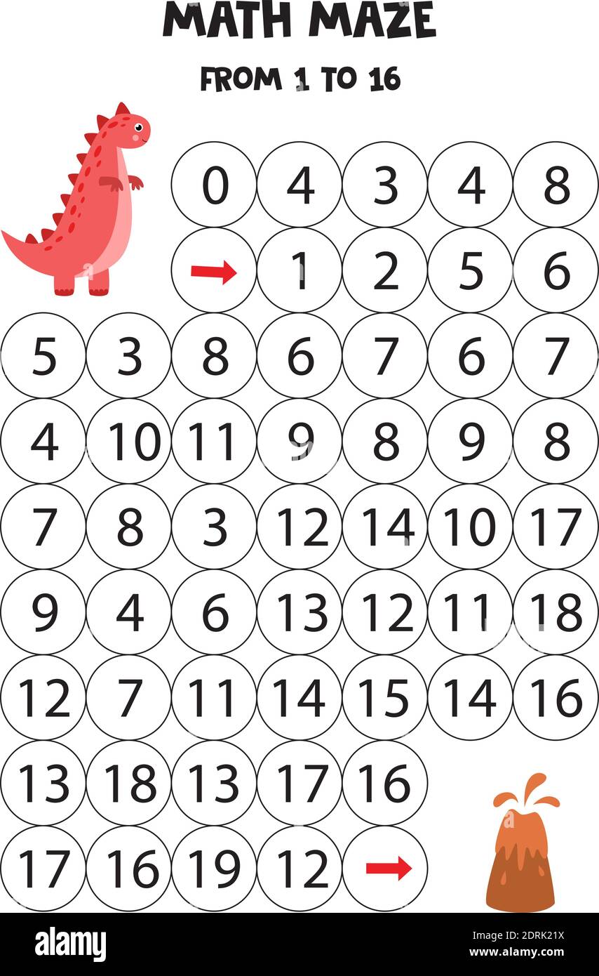 Laberinto matemático de 1 a 16 con un lindo dinosaurio tiranosaurio. Juego de matemáticas para niños Imagen Vector de stock - Alamy Laberinto matemático de 1 a 16 con un lindo dinosaurio tiranosaurio. Juego de matemáticas para niños Imagen Vector de stock - Alamy