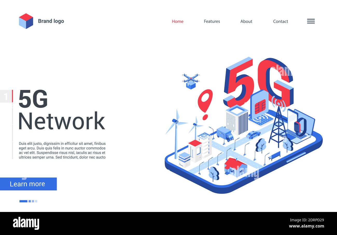 Página de inicio de concepto moderno, banner de dibujos animados de sitios web, tecnología 3d de redes móviles para la ciudad inteligente, 5g de alta velocidad de telecomunicaciones conexión inalámbrica. Ilustración de vector de red isométrica de 5 g. Ilustración del Vector