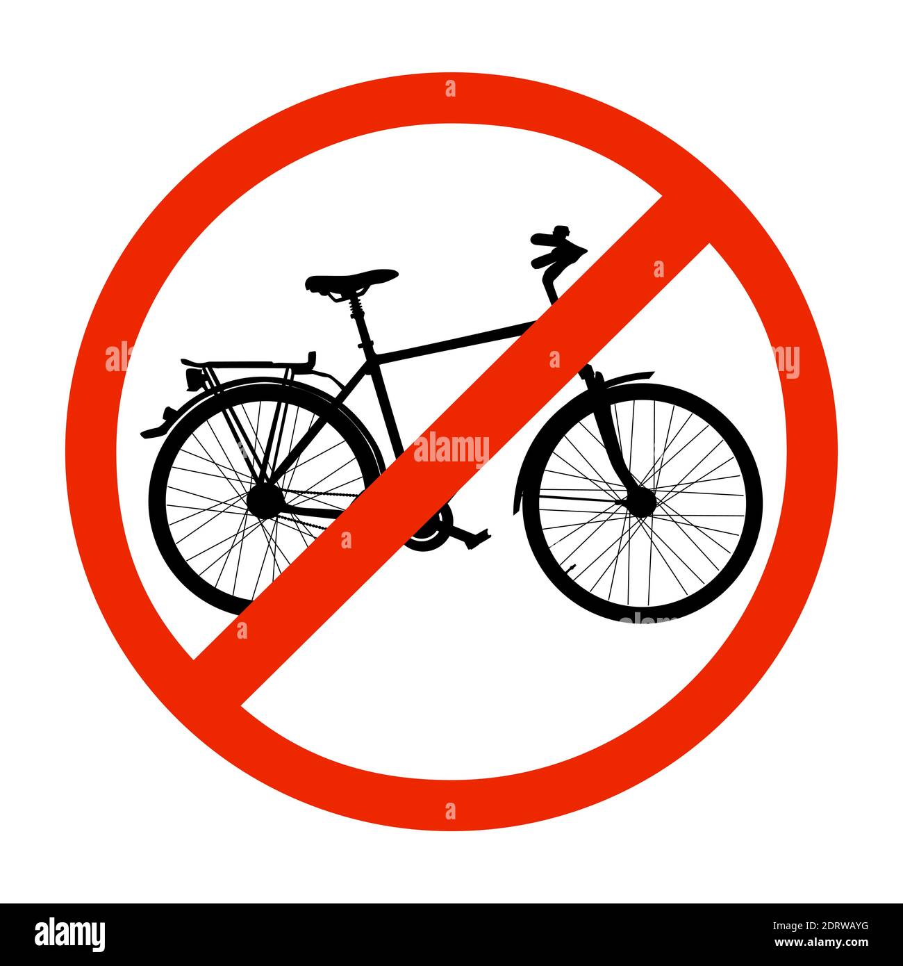 No hay señal de bicicleta, símbolo prohibido de bicicleta aislado en  blanco. Signo que indica la prohibición o la regla. Advertencia y prohibido.  No hay señal de carretera de bicicletas.Vector Imagen Vector