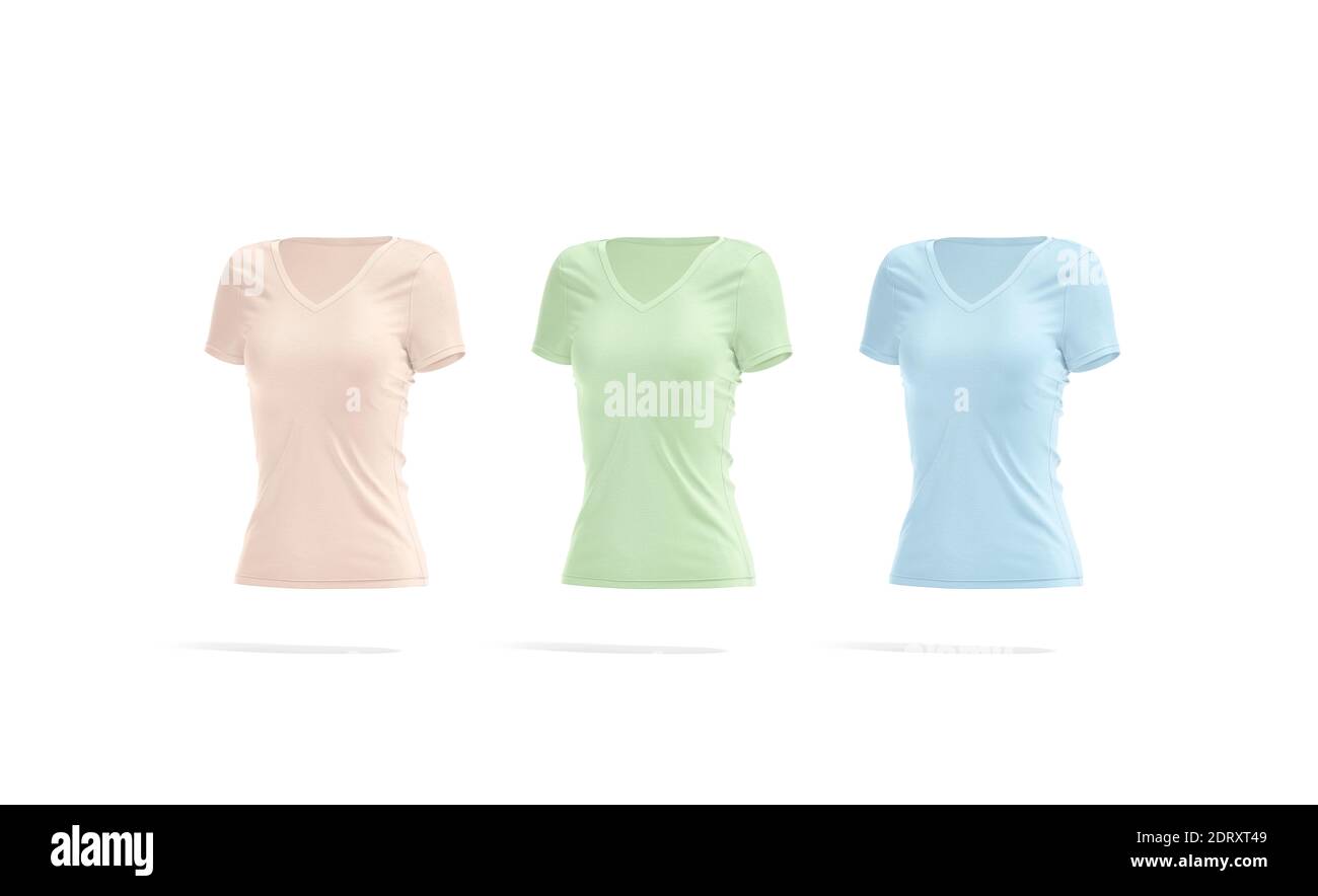 Color blanco mujer slimfit camiseta mockup, vista lateral, renderizado en 3d. Camiseta vacía de color rosa, verde y azul se mofa, aislada. Claro spandex o cuna Foto de stock