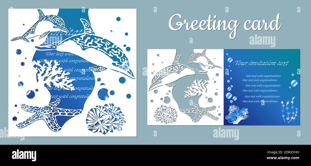 Delfín, estrella de mar, algas. Plantilla para hacer una postal. Imagen vectorial para corte láser e impresión de trazador gráfico. Fauna con animales marinos. Ilustración del Vector