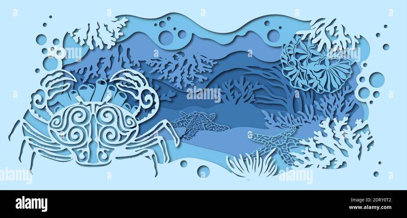 Estrellas de mar, cangrejo, algas, fauna marina. Plantilla para hacer una lámpara o tarjeta postal. Imagen vectorial para corte láser e impresión de trazador. Ilustración del Vector