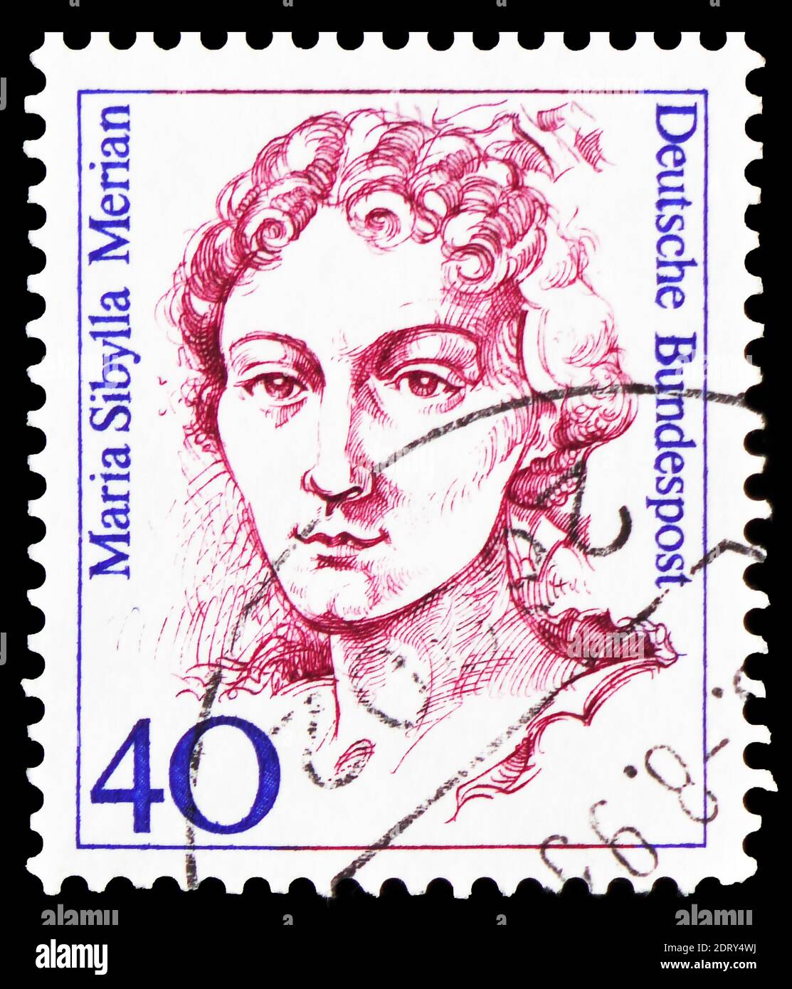 MOSCÚ, RUSIA - 20 DE FEBRERO de 2019: Un sello impreso en Alemania, República Federal, muestra a Maria Sibylla Merian (1647-1717), pintor, naturalista y scie Foto de stock