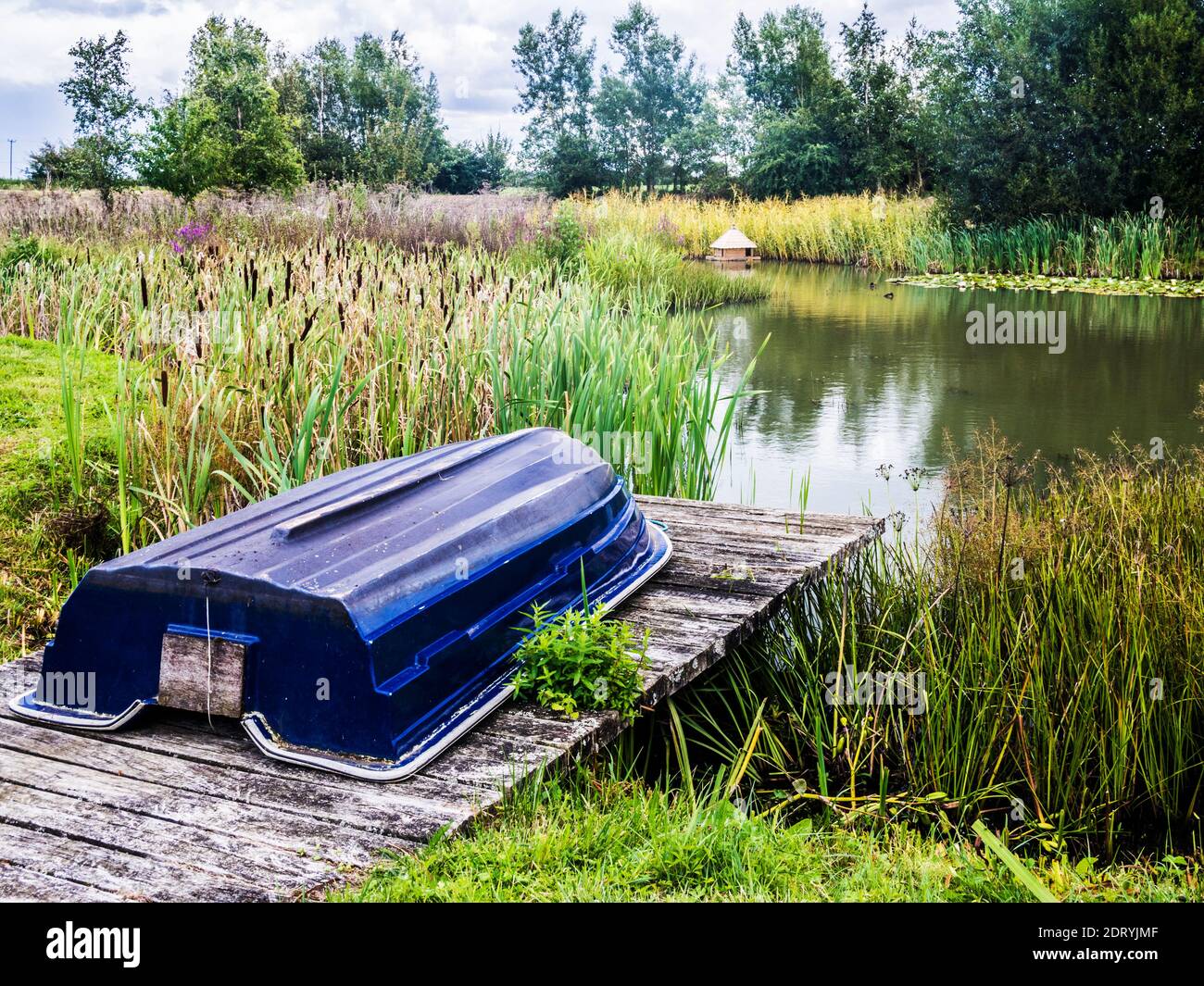 Un bote de remo en un embarcadero junto a un estanque con una casa de pato de madera más allá. Foto de stock