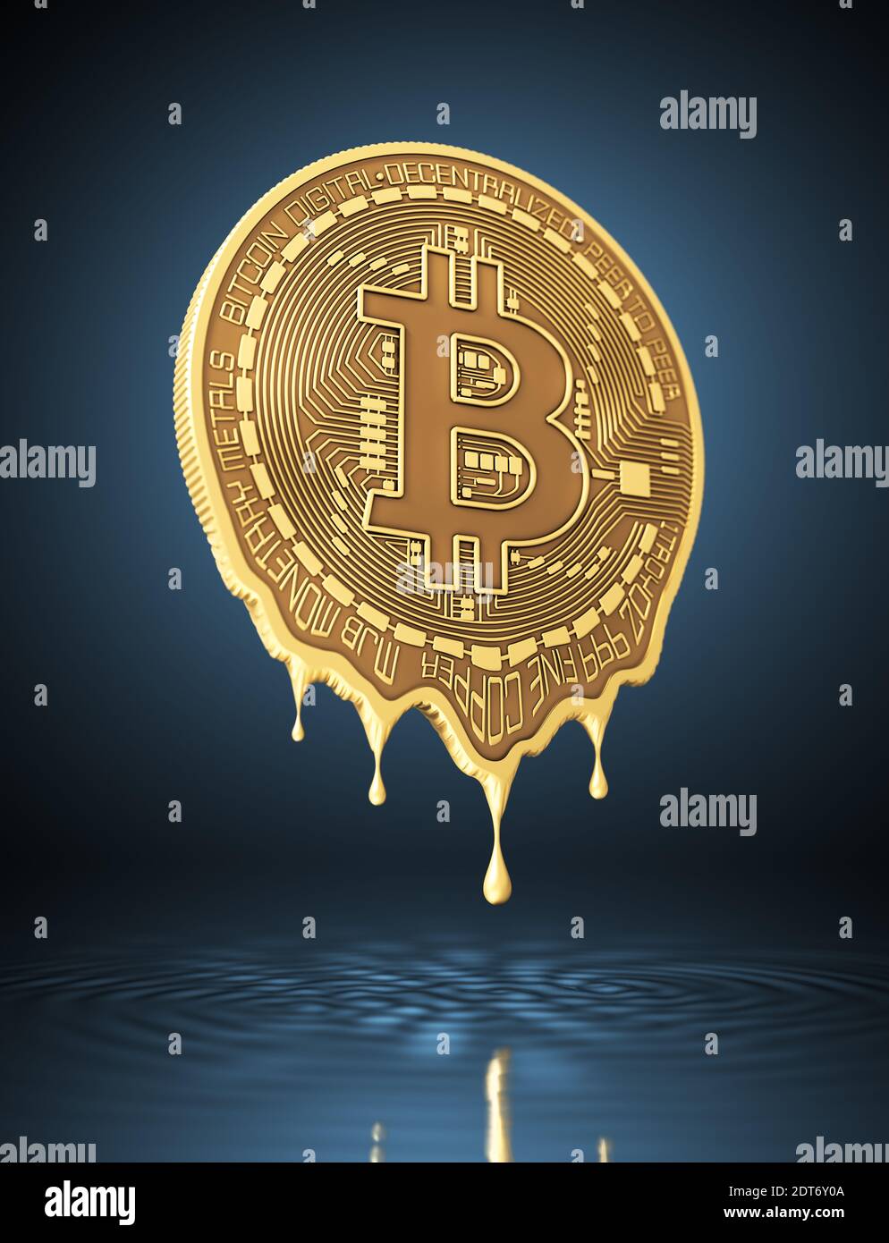 Moneda virtual fundida bitcoin sobre fondo azul Foto de stock