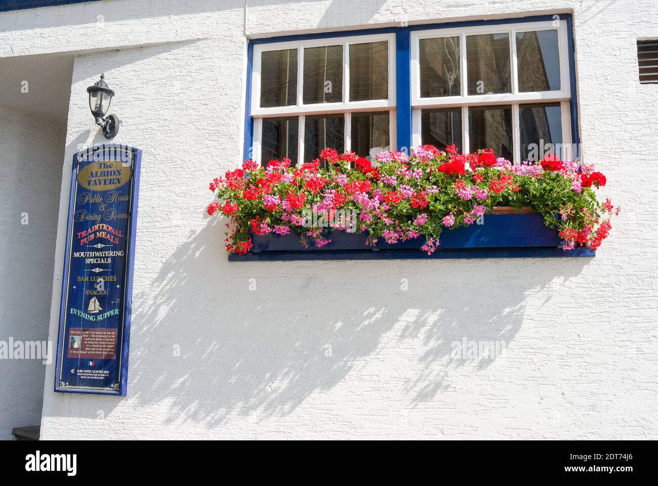 Paredes blancas de la Taberna Albion con ventana de caja floral En St Peter Port Guernsey Canal Reino Unido Foto de stock