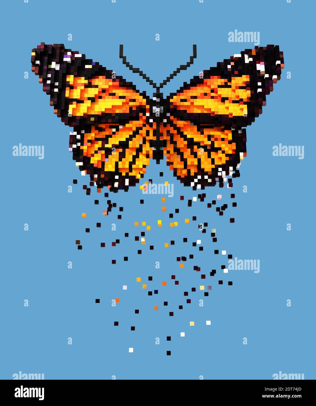 3D pixel art naranja mariposa sobre fondo azul Foto de stock