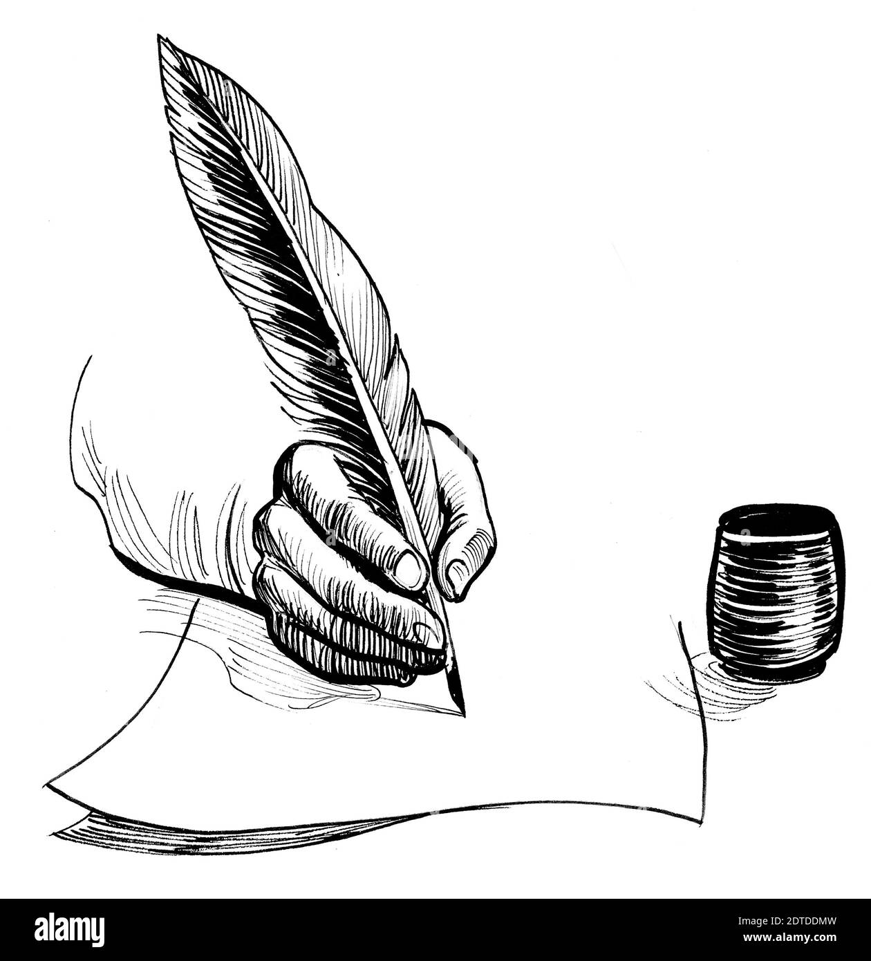 La escritura a mano con una pluma pluma. Dibujo en blanco y negro de tinta  Fotografía de stock - Alamy