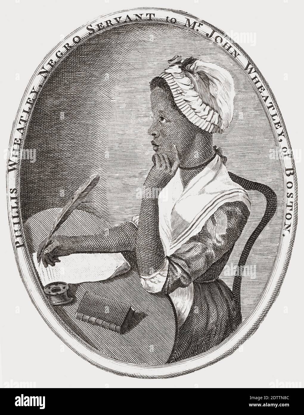Philis Wheatley, c. 1753 - 1784. Nació en África Occidental, fue vendida a la esclavitud antes de los diez años y transportada a Norteamérica, donde fue comprada por la familia Wheatley en Boston, quien le enseñó a leer y escribir. En 1773 había escrito un libro de poesía y se convirtió en la primera autora afroamericana en publicar trabajos. Foto de stock