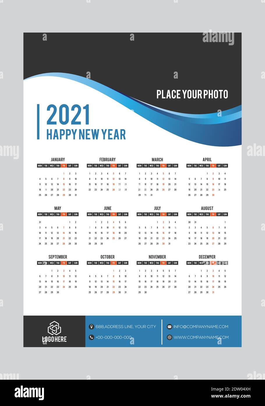 Calendario simple Diseño para 2021 años. Calendario de una página Ilustración del Vector