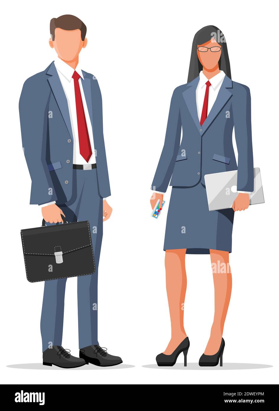 Mujer de negocios y mujer de negocios en traje gris aislado sobre blanco.  Mujer de negocios con portátil, hombre con maletín. Empleado o trabajador  de la oficina, gerente, vendedor, empleado del banco.