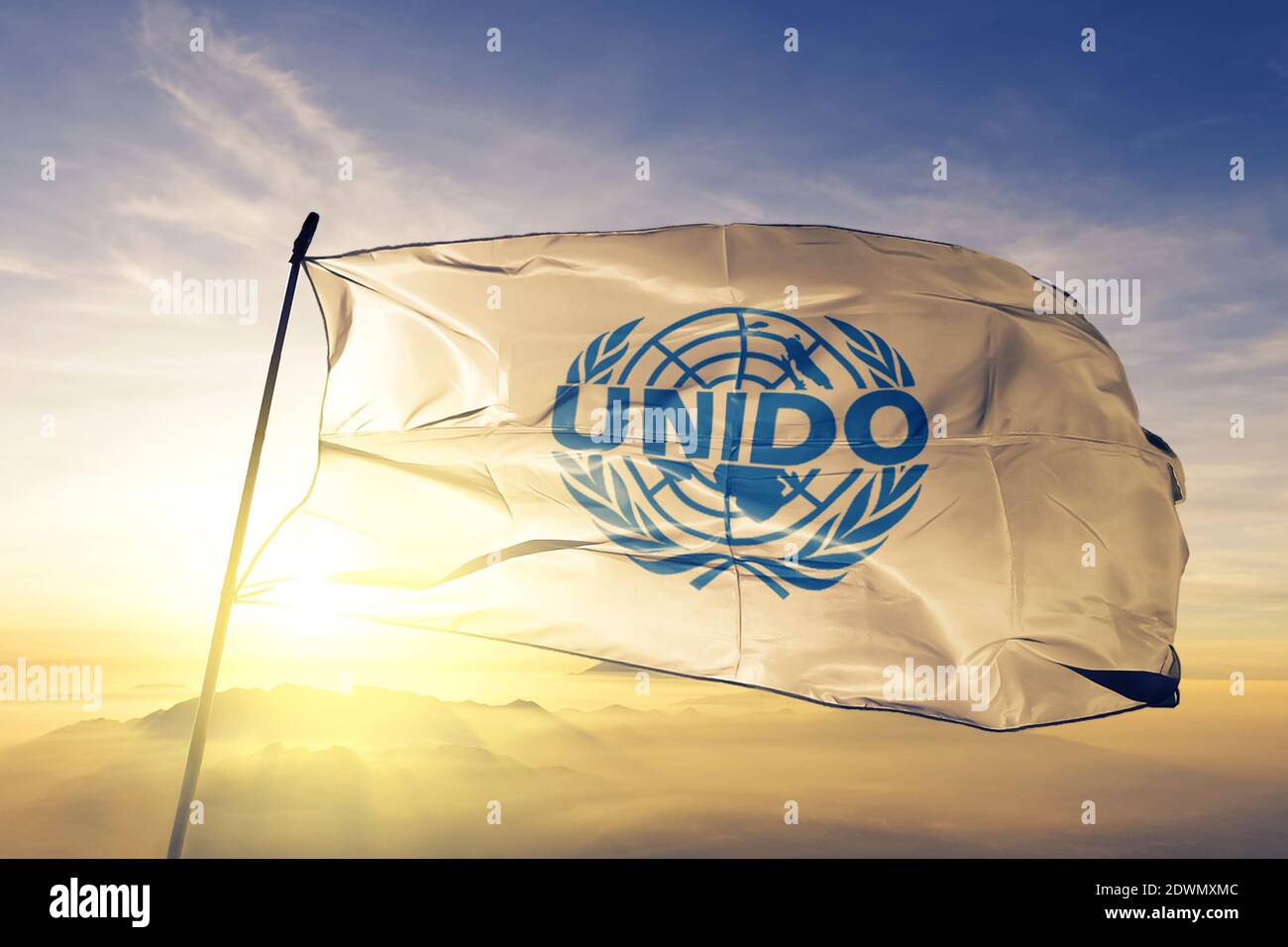 Organización de las Naciones Unidas para el Desarrollo Industrial ONUDI  bandera ondeando en el arriba Fotografía de stock - Alamy