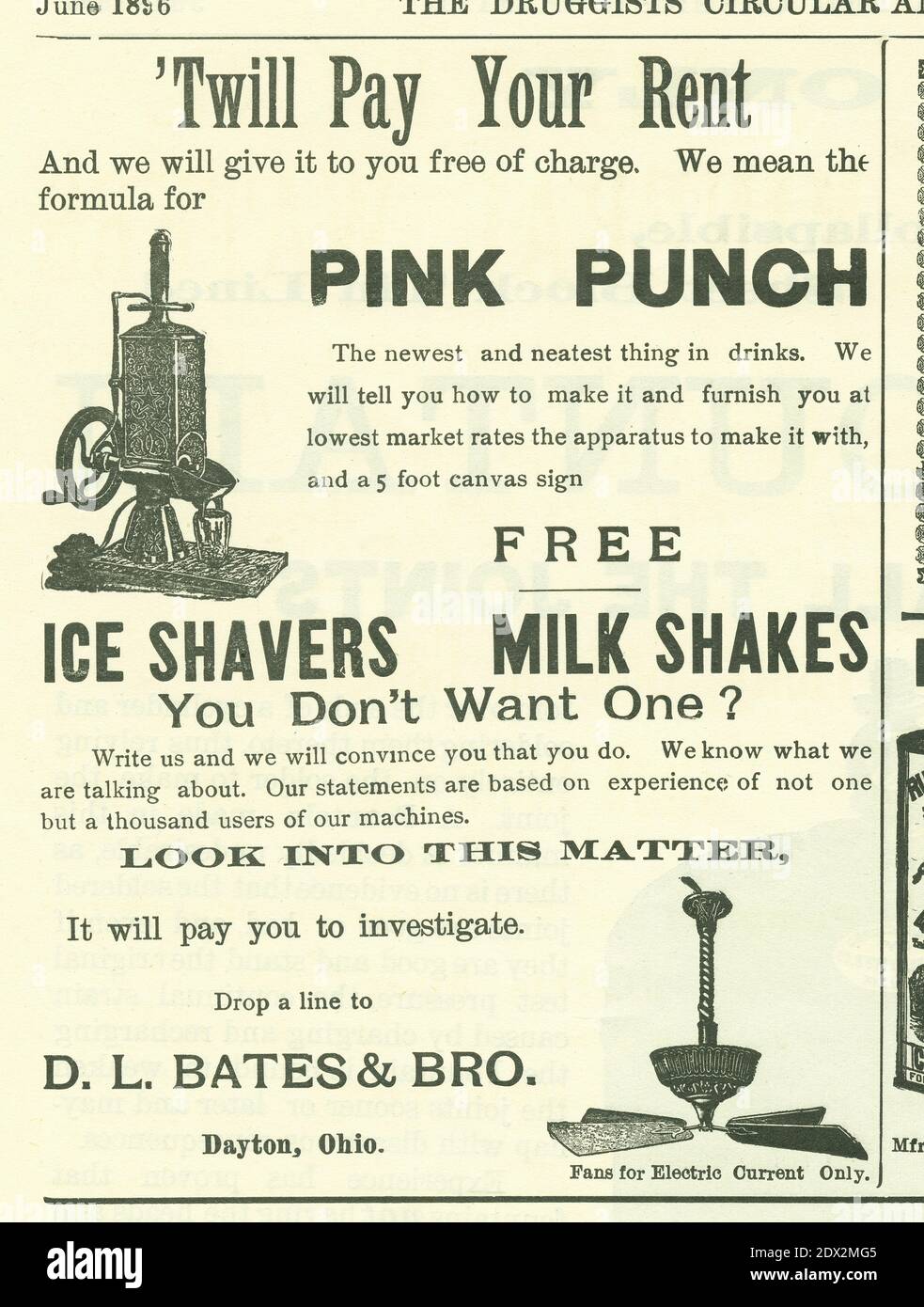 Antique Junio 1896 anuncio de D.L. Bates & Bro. De Dayton, Ohio, por sus hielos y sus chistes de leche en la Circular y la Gaceta Química de los Drugists. La oferta es para una receta Pink Punch gratuita con la compra de una máquina. FUENTE: ANUNCIO ORIGINAL Foto de stock