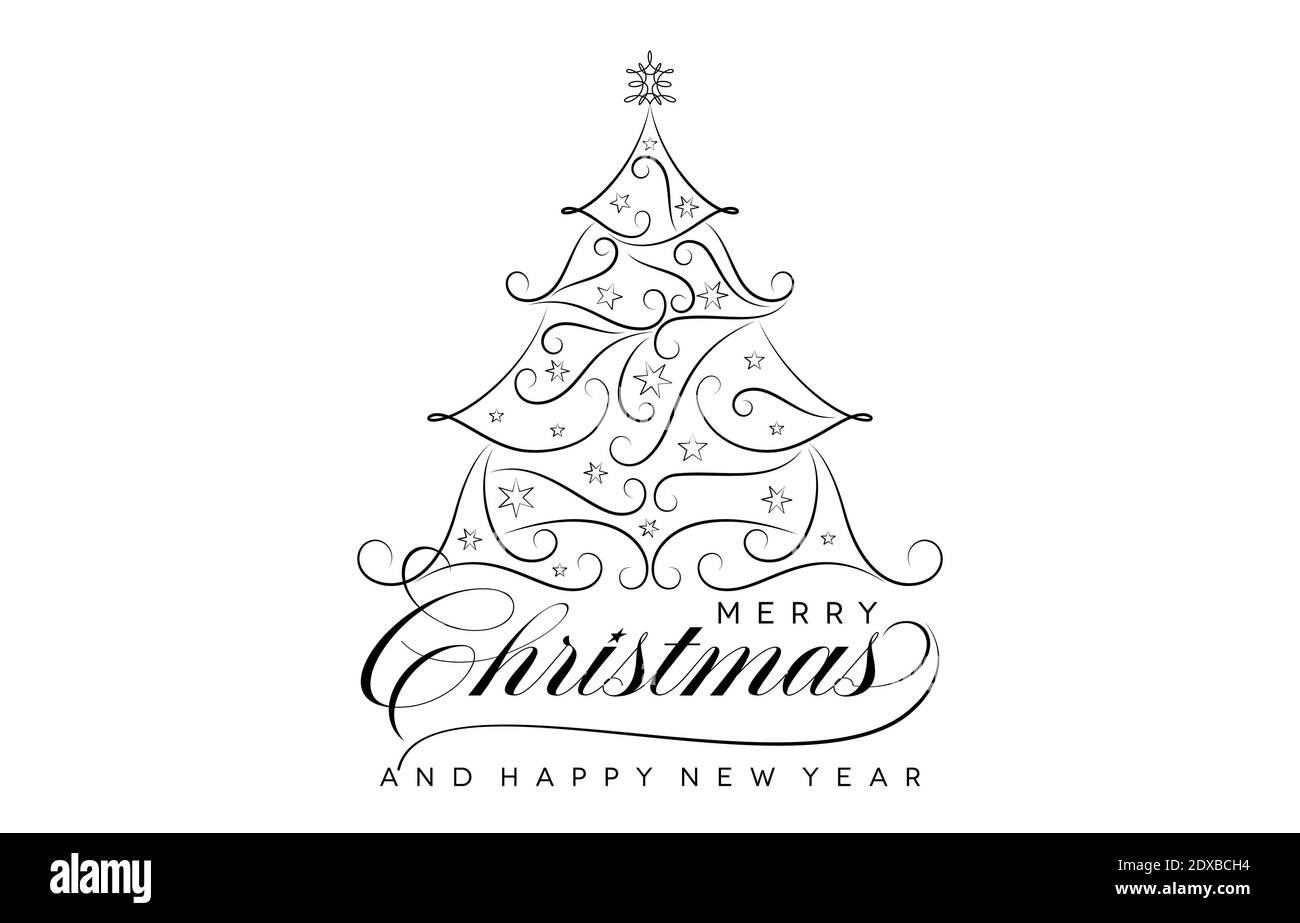 Feliz Navidad y Feliz año nuevo diseño monocromo, Monolina árbol de navidad ornamento, letra dibujado a mano para tarjetas de felicitación, banner Ilustración del Vector