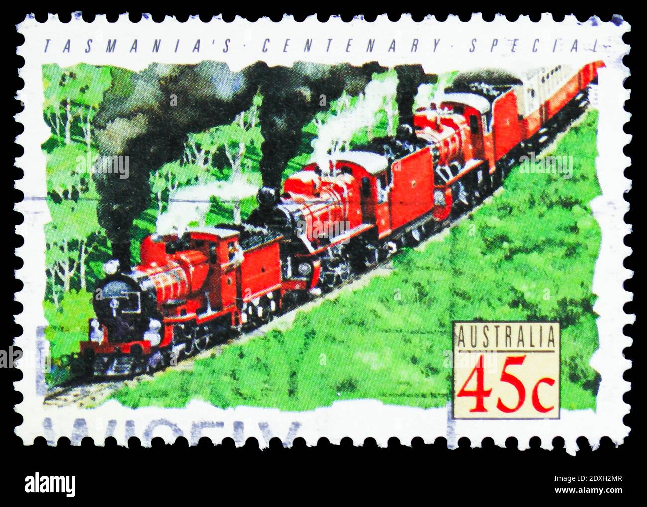 MOSCÚ, RUSIA - 30 DE MARZO de 2019: Un sello impreso en Australia muestra Centenary Special, Tasmania 1971, serie de trenes, alrededor de 1993 Foto de stock