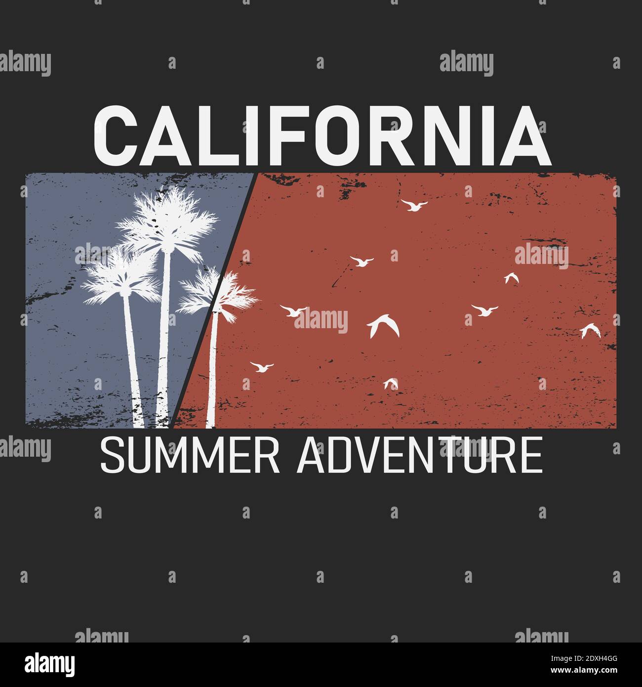 California, tipografía surfear. Gráficos de camiseta con palmas tropicales. Vector Ilustración del Vector