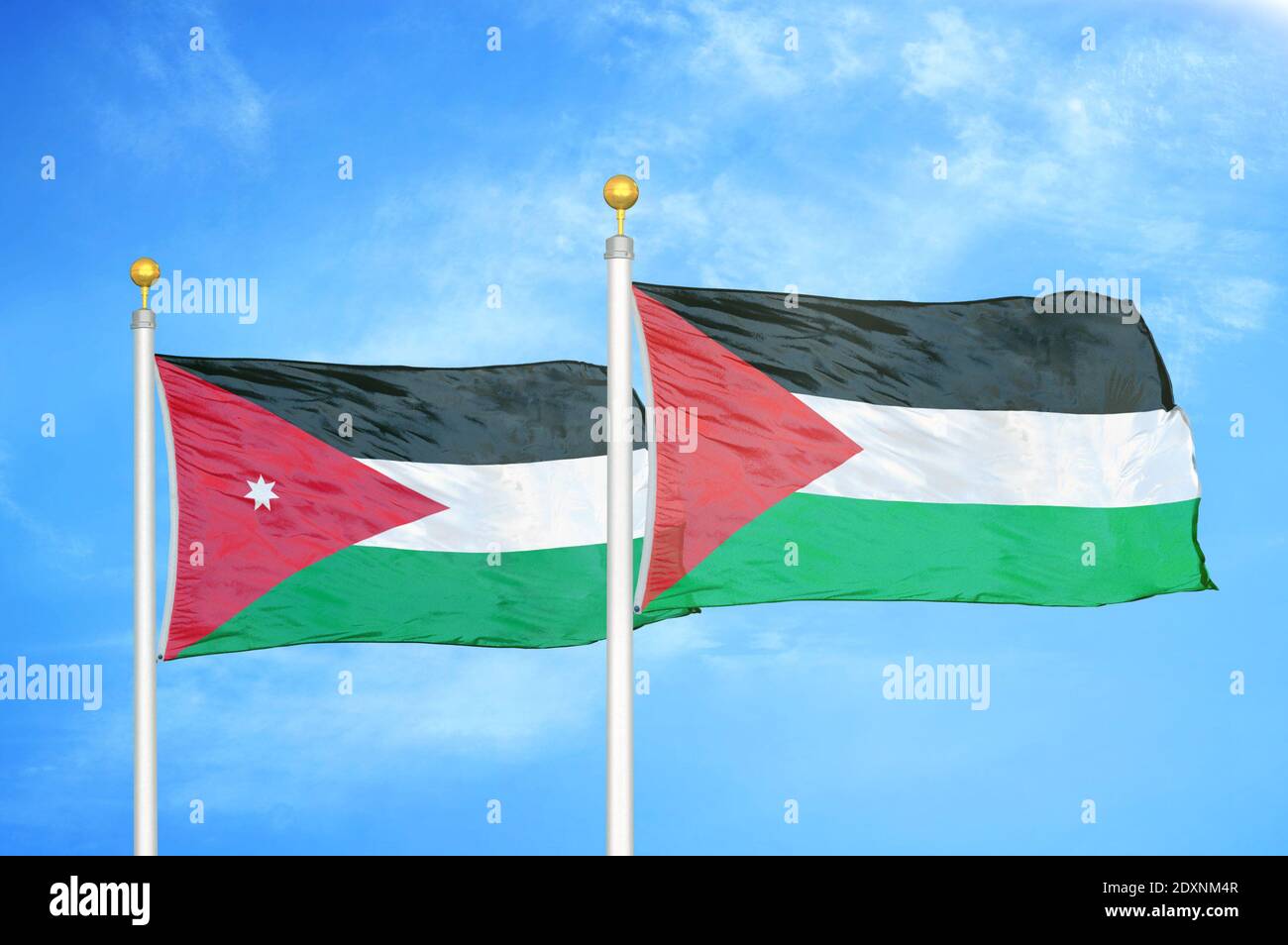 Jordania y Palestina dos banderas en los losas y azul nublado cielo  Fotografía de stock - Alamy